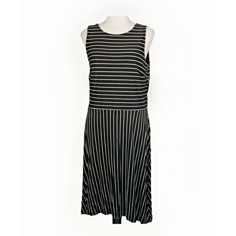 ann taylor loft black & white striped a-line dress opening in back Sleeveless 10